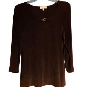 Choices Medium Tunic Top Brown V-Neck Buckle Detail Long Sleeve Stretchy